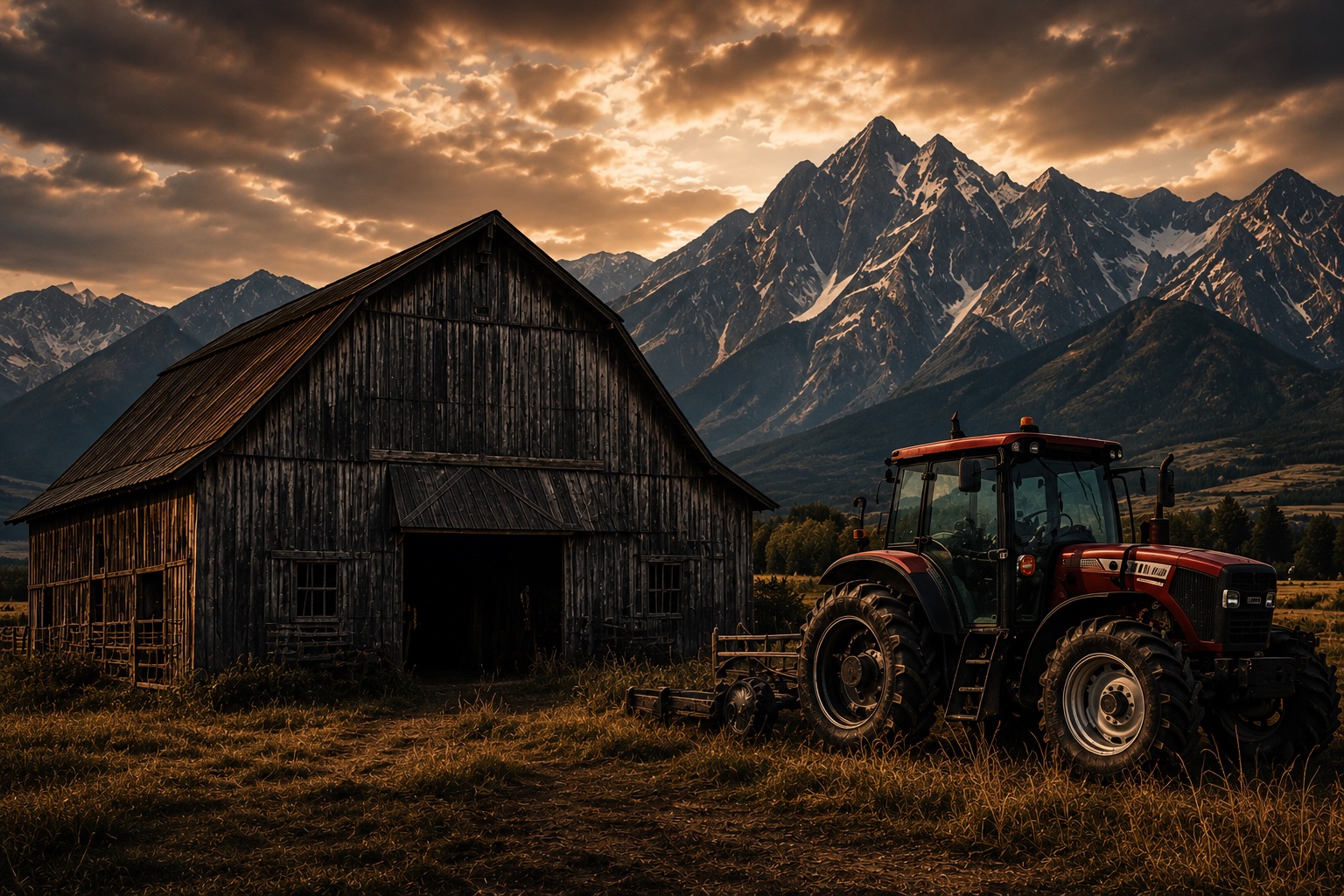 Barn and tractor at sunset in El Dorado County